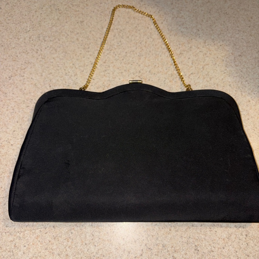 Vintage Black Evening Clutch Purse Satin Gold Chain Shoulder Bag Gold Lining